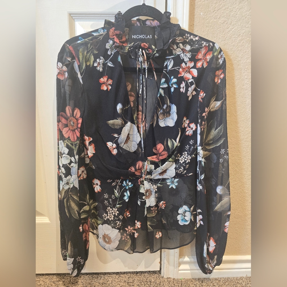 Nicholas Black Floral Silk Blouse Long Sleevee
